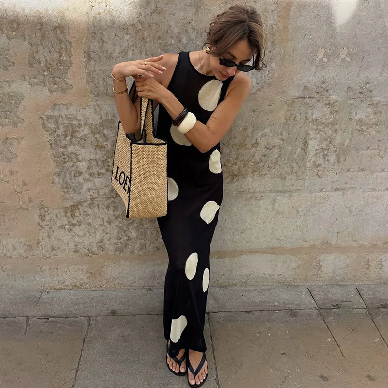 Tornova 2025 Polka Dot Knitted Maxi Dress Female Sleeveless Bohemian Beach Perspective Long Dress Straight Tank Dress Summer New