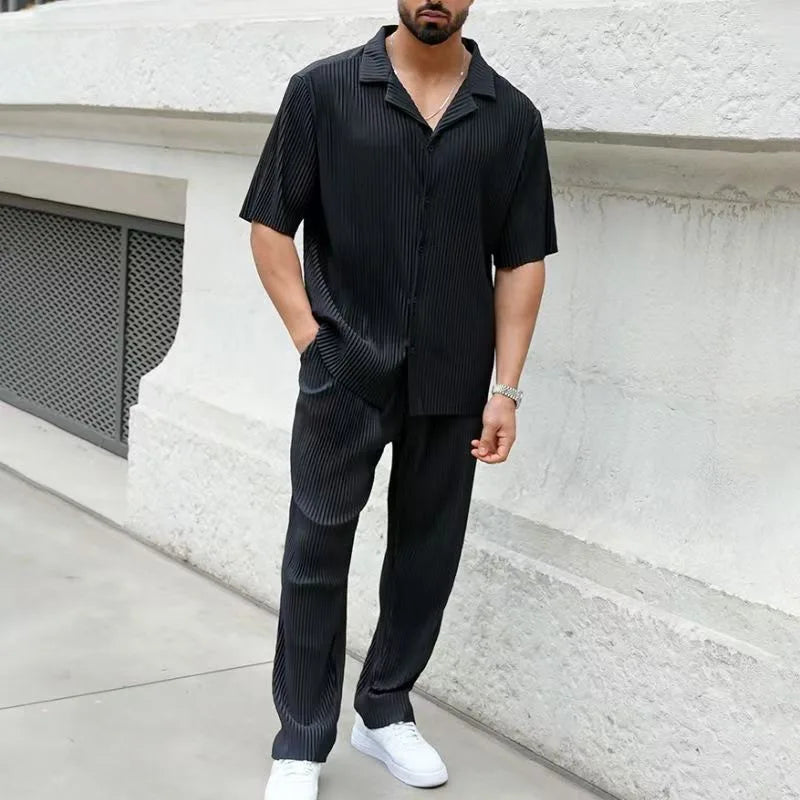 New Men's Commuter Set, Casual Button-Up Short Sleeve Shirt & Long Pants, Trendy Two-Piece Outfit for Men