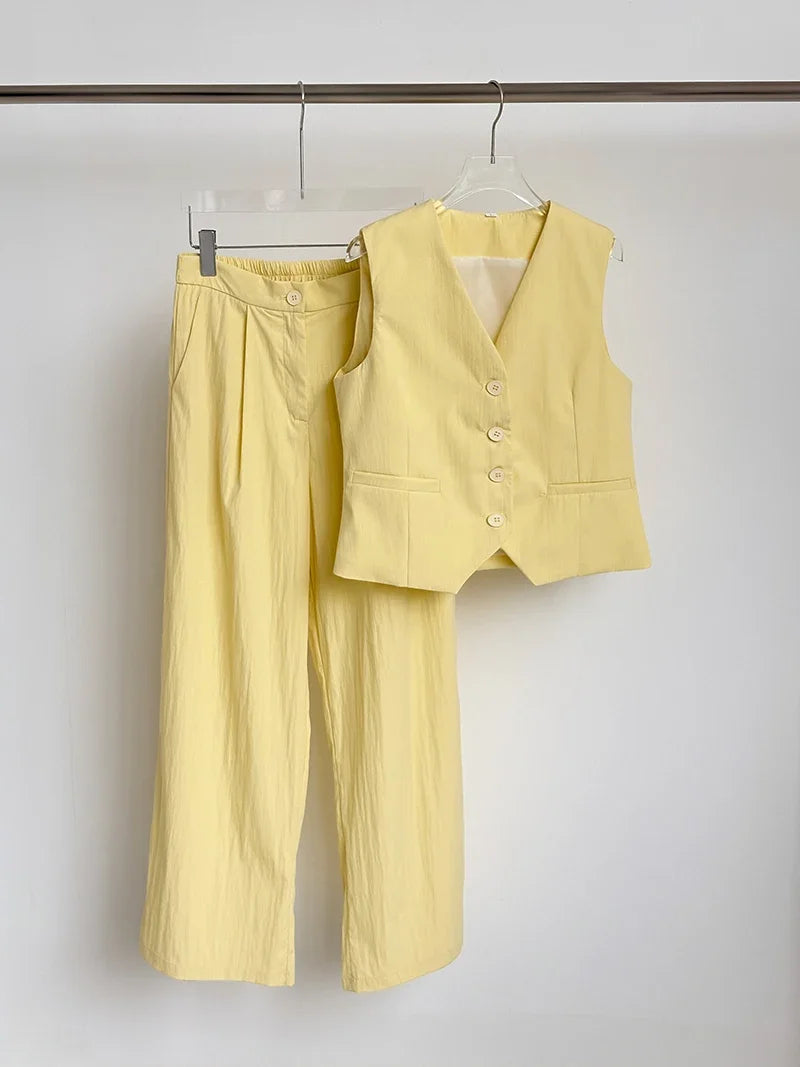 Simple Casual 2 Piece Set Women V Neck Single Breasted Crop Vest+trouser Suit Summer Fashion Pleated Wide Leg Pants Sets