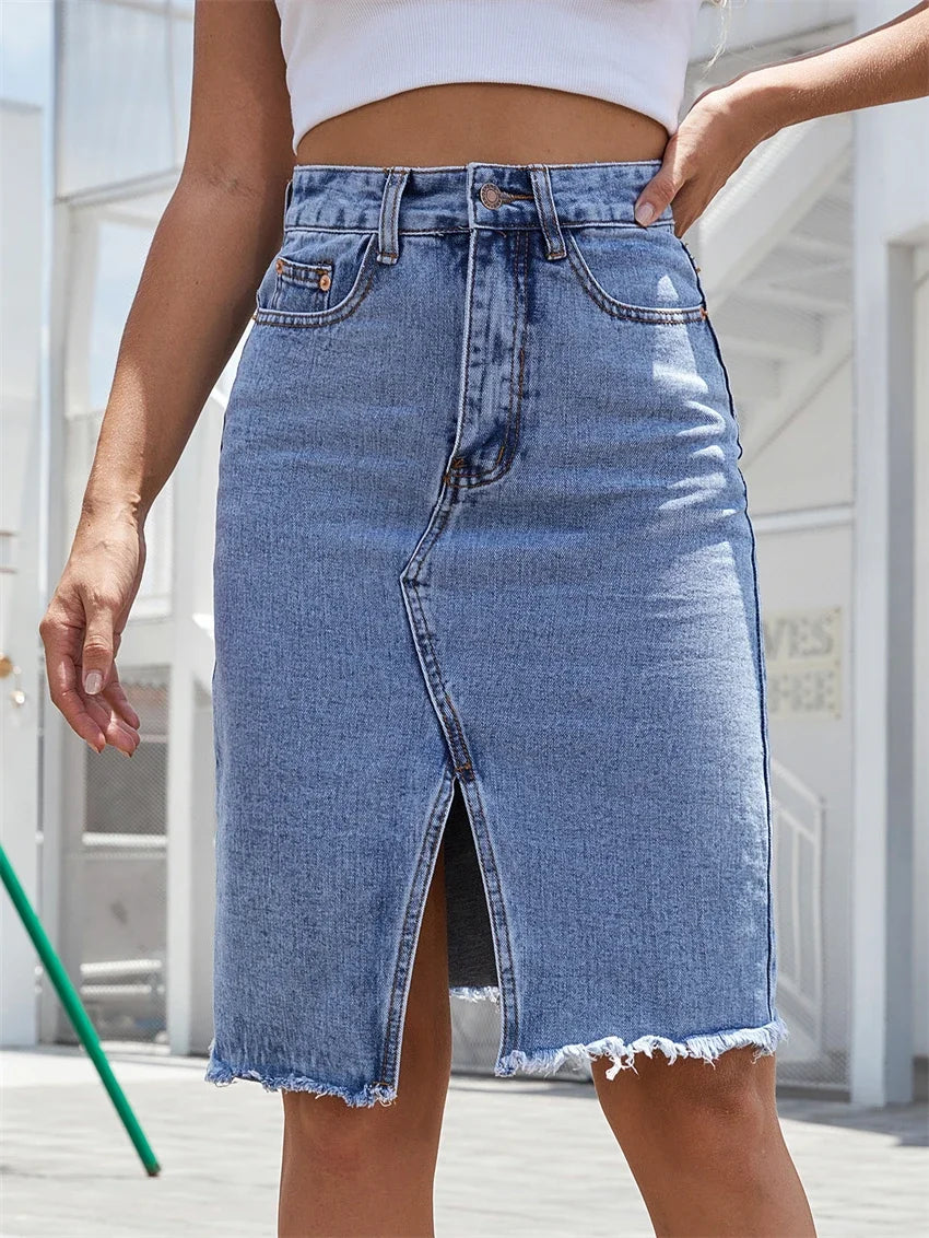 Women's Front Slit Blue Denim Skirt Pockets High Waist Slim Zipper Fly Midi Skirts 2026 Spring Female Casual Streetwear