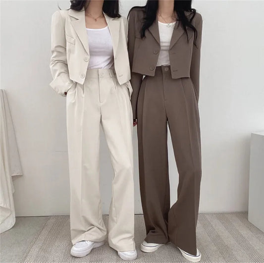 Suit Coat 2 Piece Set Women Blazer Jacket Straight Pants Ensemble Single Breasted Turn Down Collar Trousers Office Lady Outfits