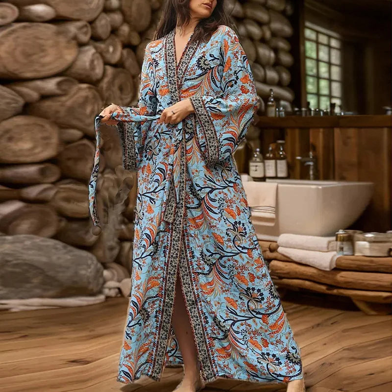 European and American Retro Fashion Printed Bohemian Plus-Size Long Easter One-Piece Cover-Up Summer Beach Vacation Swimsuit Outerwear Kimono Cardigan Robe Sun Protection Clothing Trendy