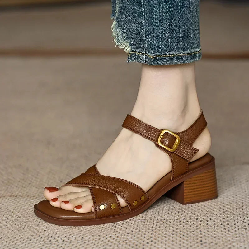 Women's Summer Mid-heel Open-toe Sandals with Empty Back Cross Straps Elegant Woman Heeled Shoes 2024 Trend High Heels