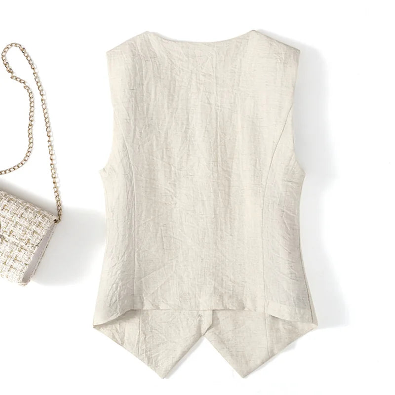 Summer solid color linen vest thin women's vest slim fit short sleeveless suit V-neck shoulder vest