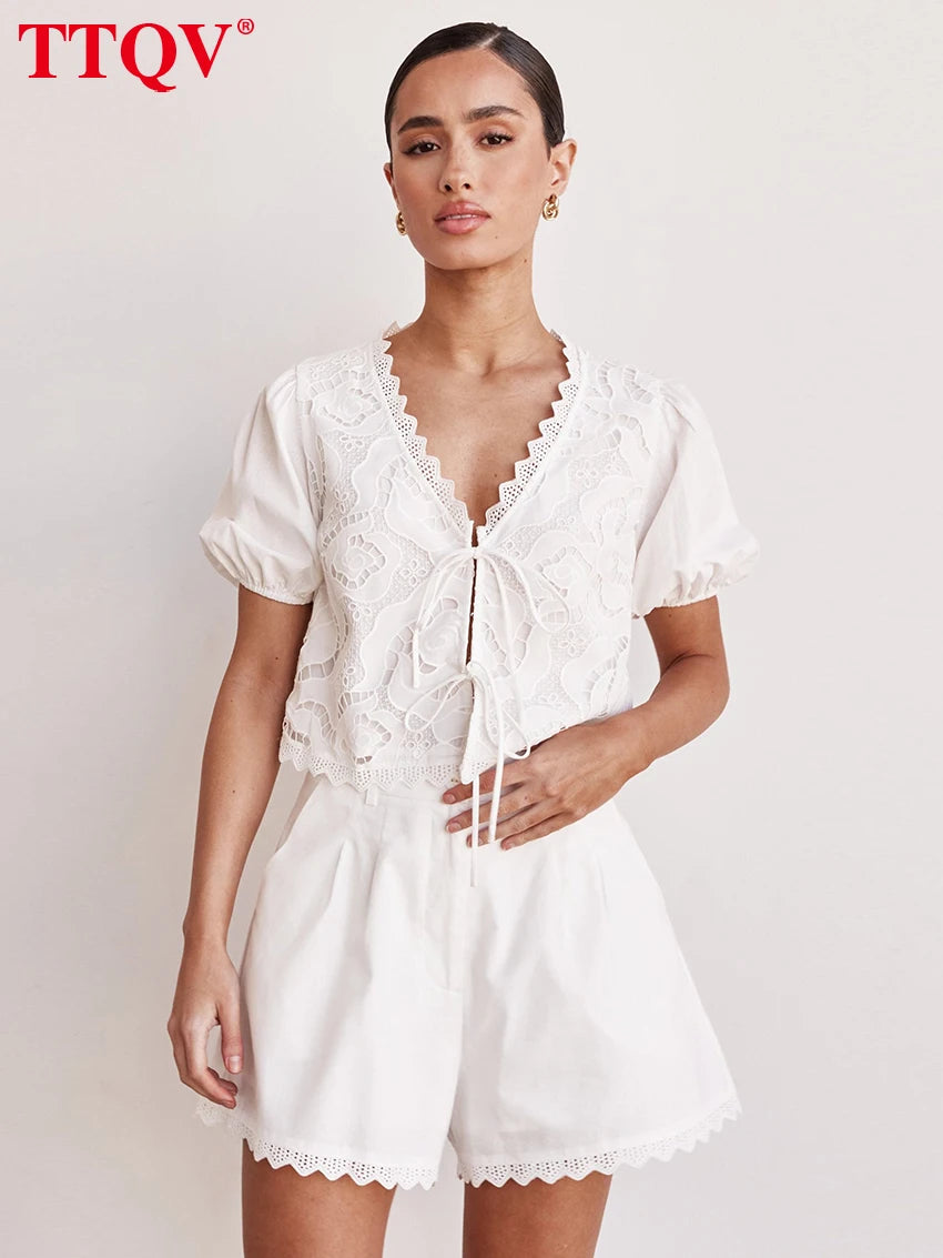 Summer Short Sleeve Shirt With High Waist Shorts Set Streetwear