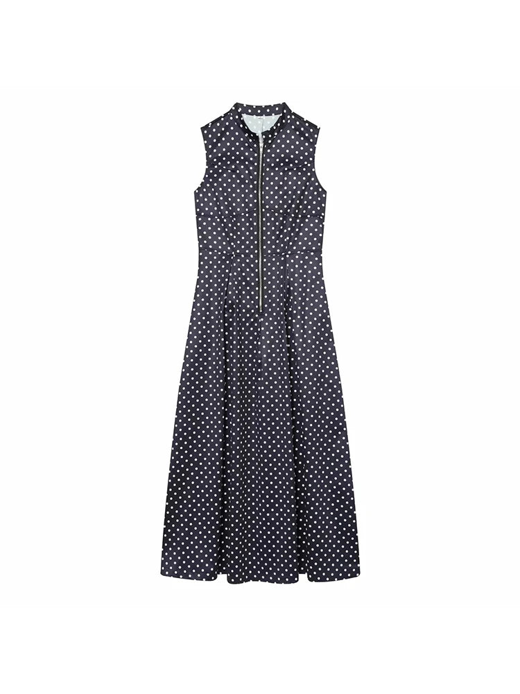 Women Elegant Polka Dot Zipper Decoration Dress Summer Women Sleeveless Pleated Dress Female Fashion Versatile Midi Dress