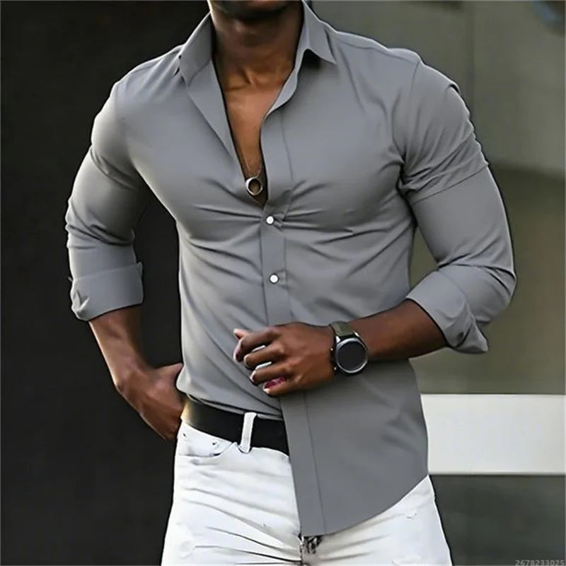 New men's shirt solid color long sleeve casual fashion black and white multi-color optional all seasons business men's shirt
2026