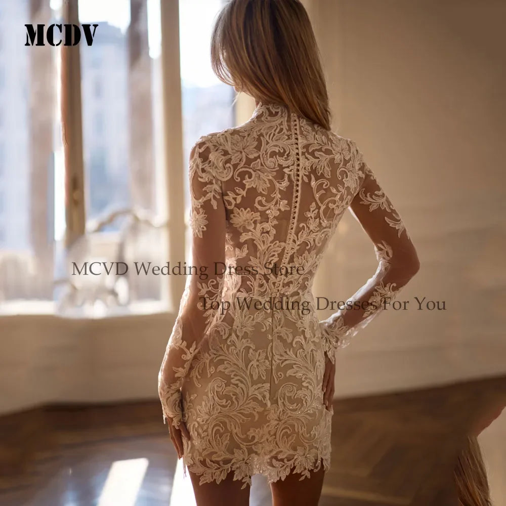 MCDV Civil Lace Wedding Dress Full Sleeves High Neck Mini Bride Party Gown Above Knee Customized reception dresses for weddings