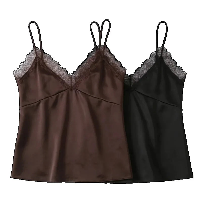 Women's Summer New Solid Sexy Lace Satin Sling Tops Female Sleeveless Backless Tank Top Lady Fashion Holiday Party Short Camisol