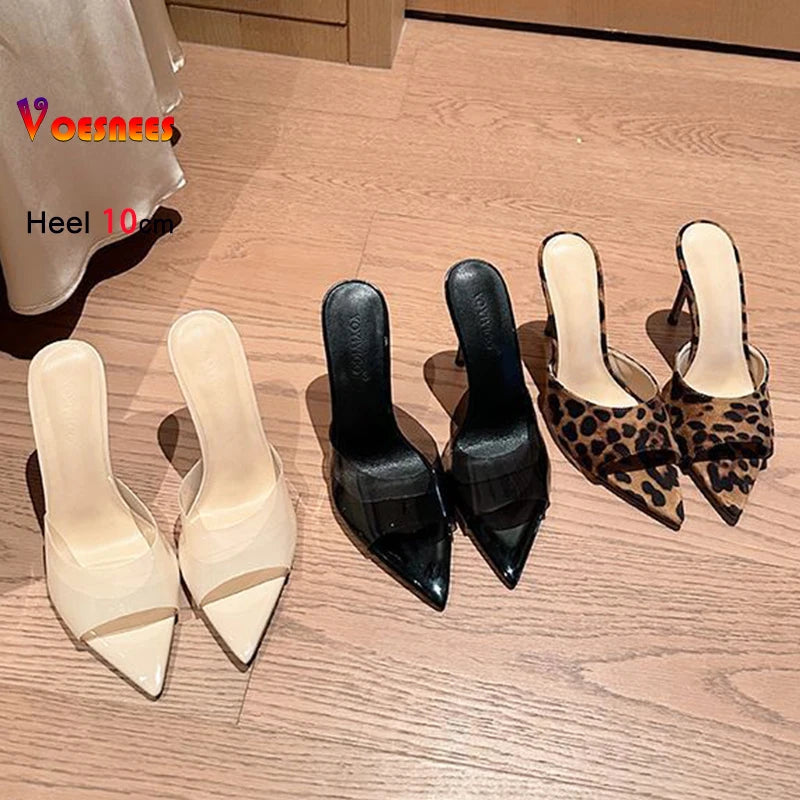 Pointed Toe Slippers For Ladies Fashion Leopard Print 2026 Summer Mules Shoes 10CM Thin High Heels Elegant Women Suede Sandals