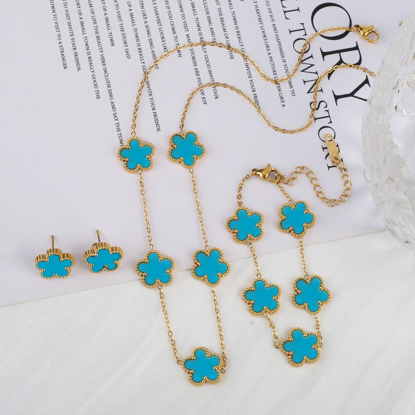 Bracelet Earrings 18K Gold Plated Jewelry Set For Women Girl Gift Clover