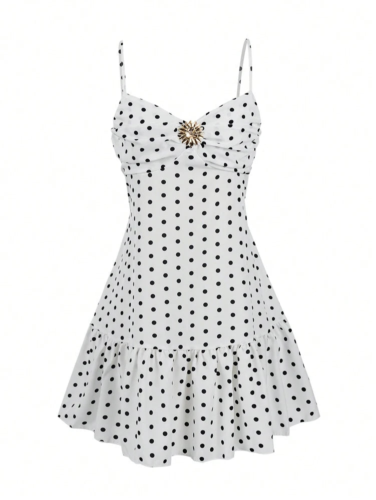 Polka Dot Print Halter Sleeveless Backless Cami Dress, Sexy Slim Fit Mini Dress, Summer Women's Fashion Outfit for Party Holiday