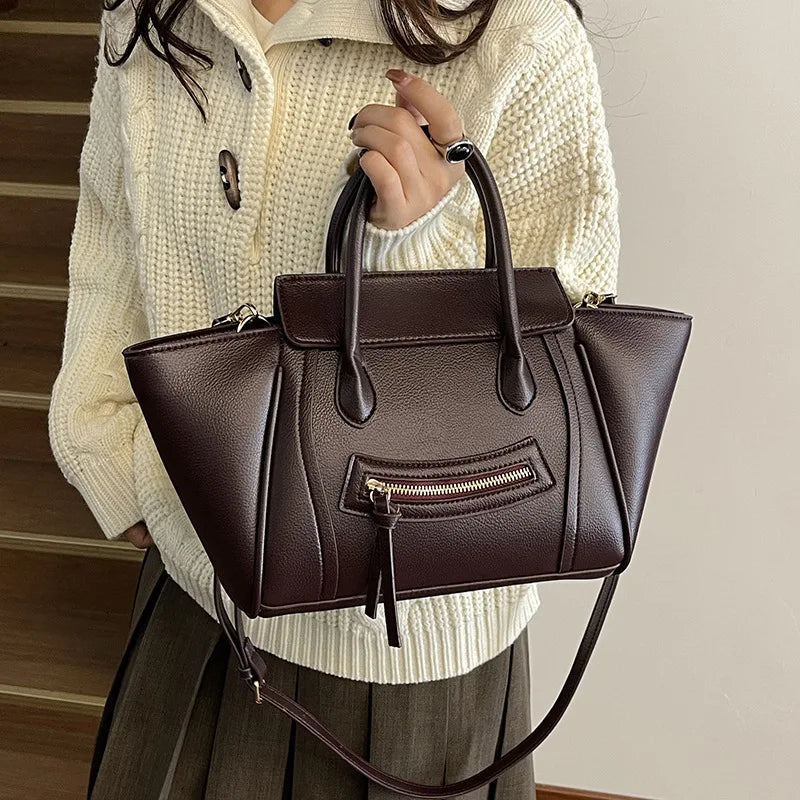 Luxury Designer PU Leather Lichee Pattern Women's Handbag Retro Crossbody Bag Large Wings Bucket Tote