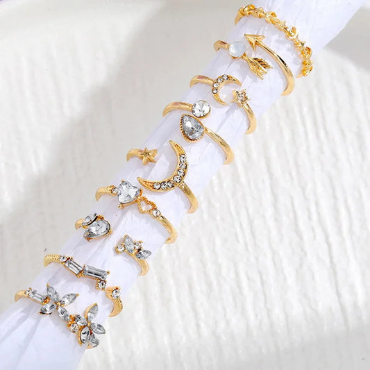 9Pcs/Set Vintage Gold Color Love Heart Butterfly Metal Rings Set for Women
