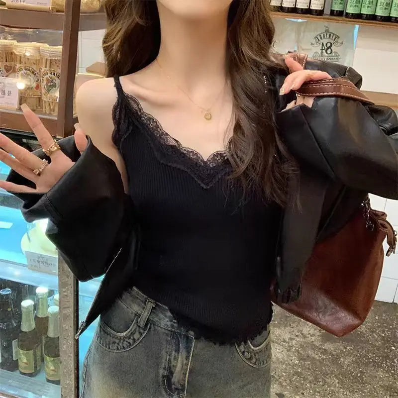 2026 Summer Lace Tank Top Korean Sleeveless Black Vest Women Cropped Cute Camis Sexy White Tank Tops Female Y2k Clothes