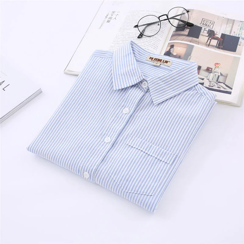 Cotton White Blue Pink Striped Shirt Women 2026 Spring New Simple Casual Lapel Long Sleeve Blouses & Tops Office Ladies Clothes