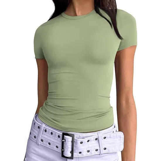 1pcs Women's Sport T-shirt Girl Solid Basic Fitness Running Yoga Tees Lady Short Sleeve Slim Sexy Round Neck Casual Shirts Tops
