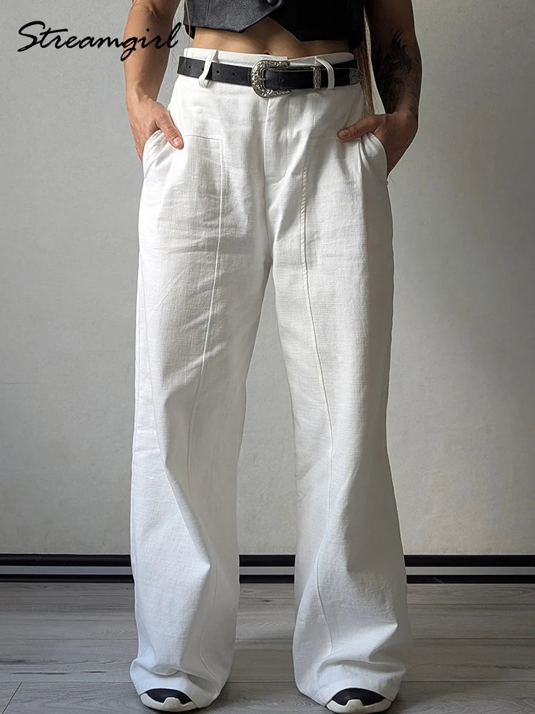 White Wide Leg Cotton Linen Pants For Women Summer Ladies Pant Cotton Trousers Suit For Woman Elegant Straight Leg Office Pants