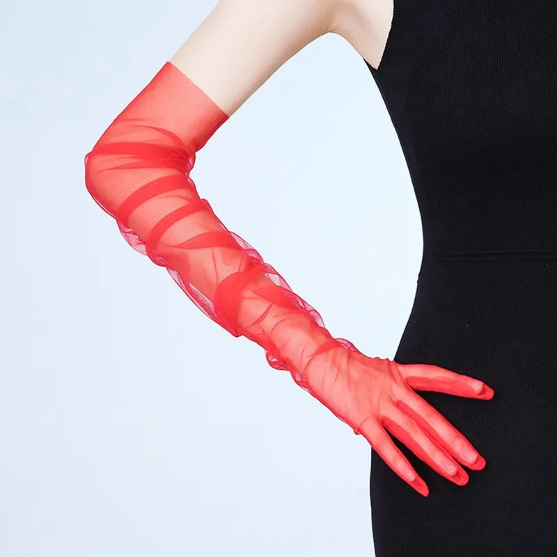 Women Transparent Thin Lace Elegant Tulle Long Gloves Mesh Gauze Sexy Wedding Party Summer Lace Ladies Prom Dress Gloves