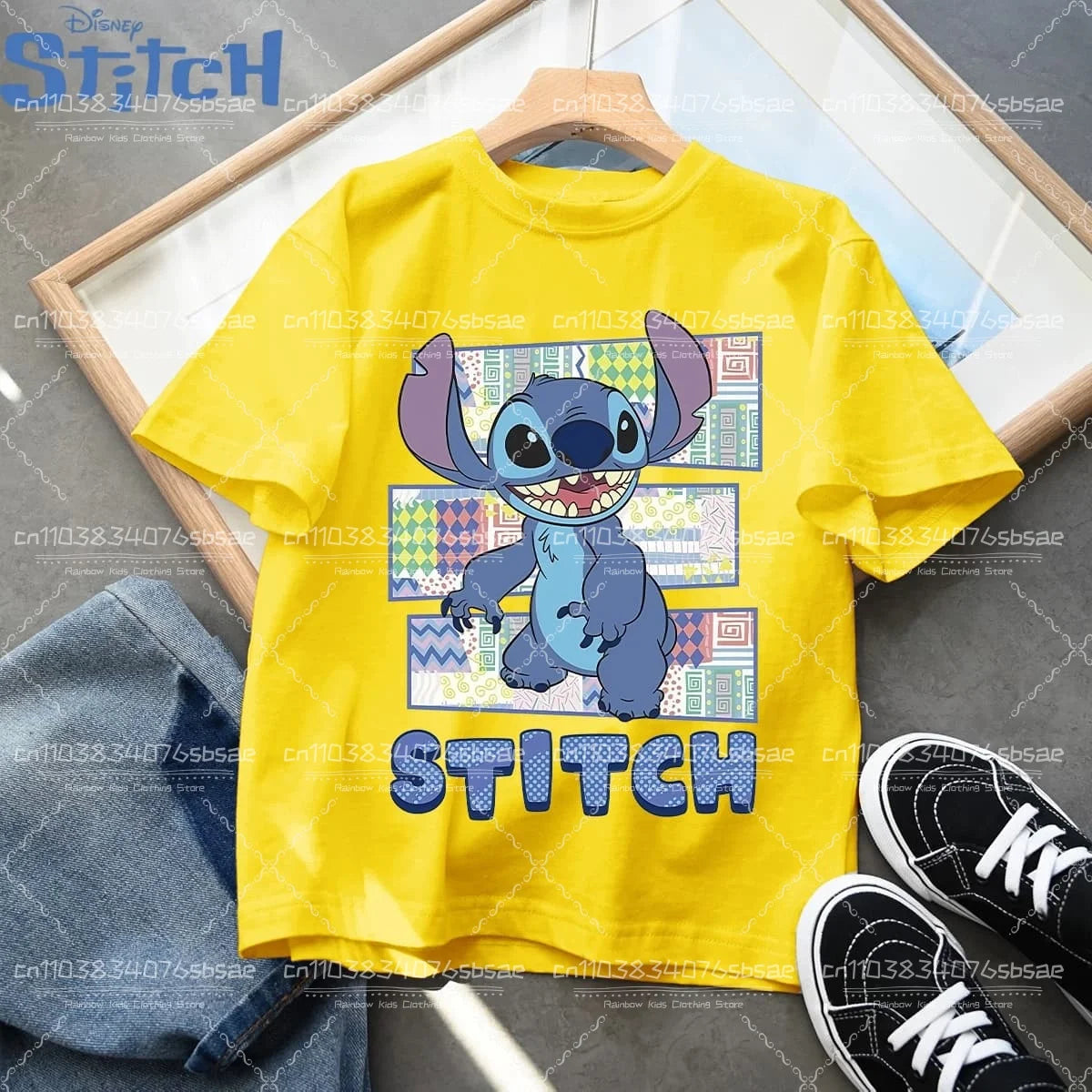 2026 Disney Children's Clothing, Stitch Cartoon Printed T-shirt, Round Neck Top for Boys and Girls, Soft Cotton Fabric Top