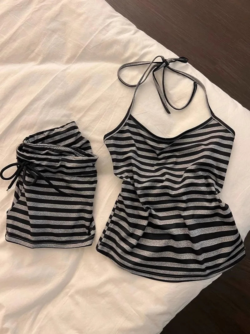 Pure desire striped lace-up neckless short bra pajama set summer