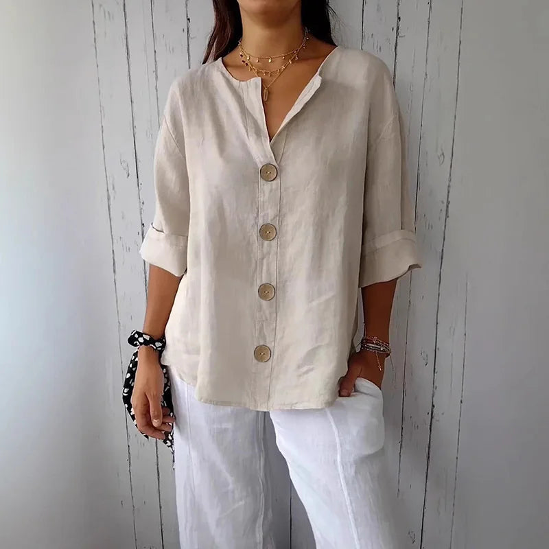 Loose Shirt Women's V-Neck Cotton Linen Button Top Casual Shirts Solid Fashion Elegant
