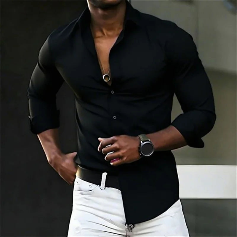 New men's shirt solid color long sleeve casual fashion black and white multi-color optional all seasons business men's shirt
2026