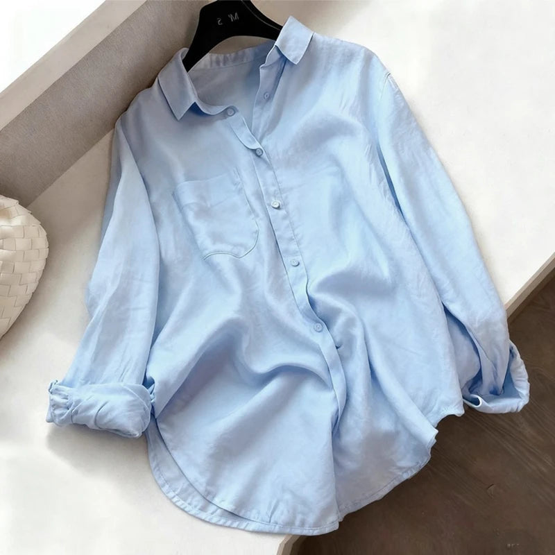 Women Minimalist Loose Tops Fashion Summer Thin Cotton Linen White Shirt Long Sleeve Blouse Solid Turn-down Collar Easy Wear