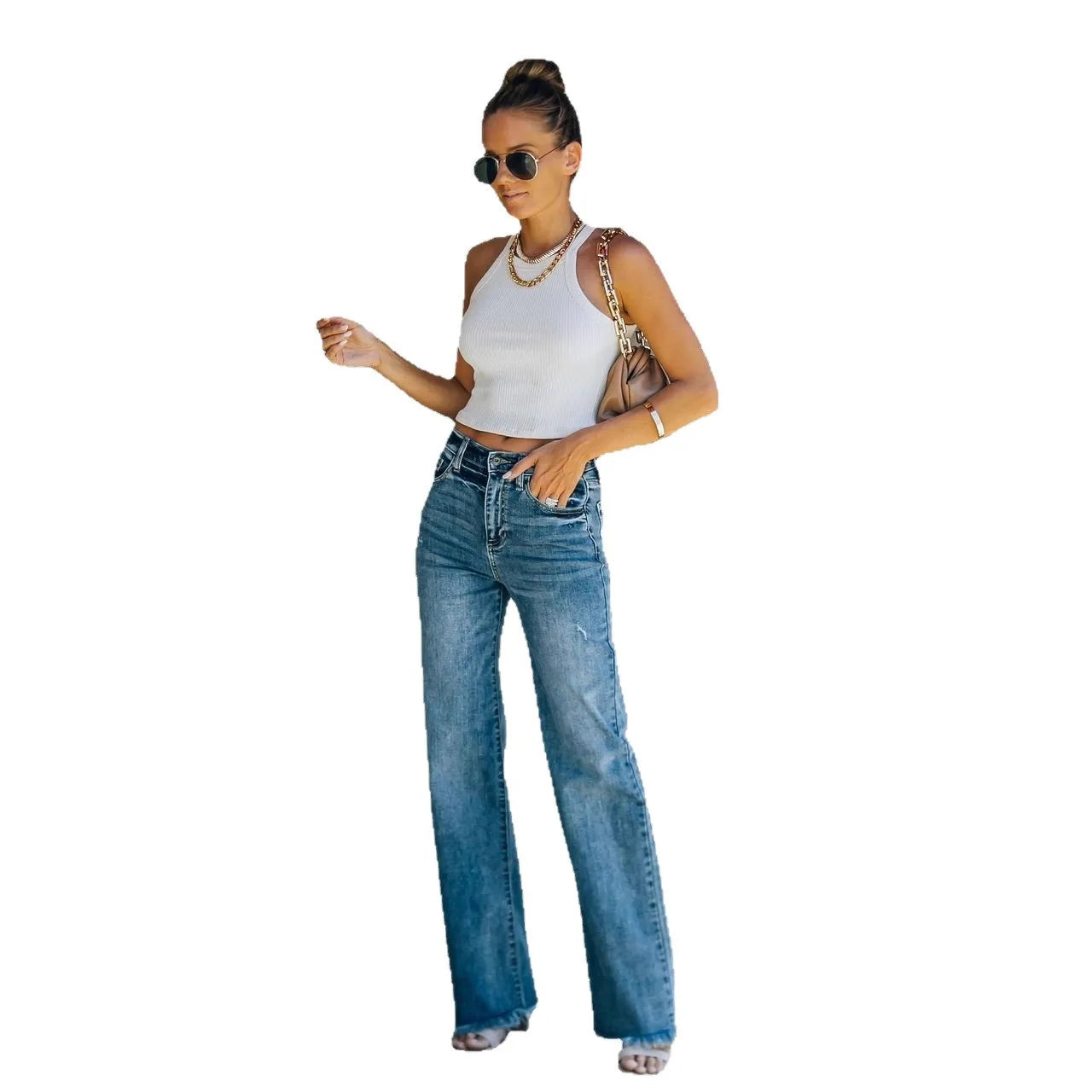 Euro-American Style Fashion Raw Hem Distressed Denim Jeans 2026 Spring New Arrivals Women's Stretch Slim Fit Straight Leg Jeans