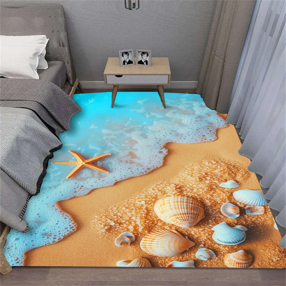 Summer Charm Waves Beach Shell Carpet for Living Room Sofa Decor Rugs Bedroom Rug Kitchen Coffee Table Floor Mat Hallway Rug