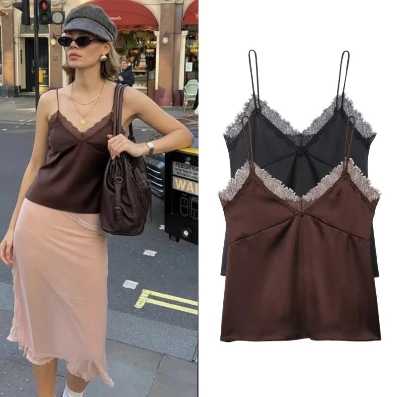 Women's Summer New Solid Sexy Lace Satin Sling Tops Female Sleeveless Backless Tank Top Lady Fashion Holiday Party Short Camisol
