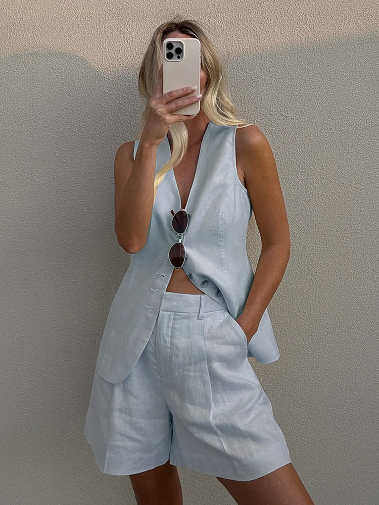 Mumaroho 2025 Women Spring Summer Vacation Linen Shorts Sets Solid V-neck Outfits Suit Two Piece Set For Women