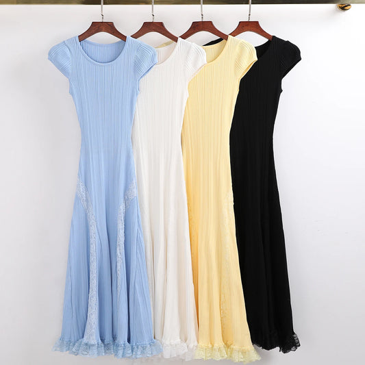 High Quality Summer New Fashionable Elastic Knitted Solid Color Short Sleeved Dress With Lace Edge Slimming Women's Dress