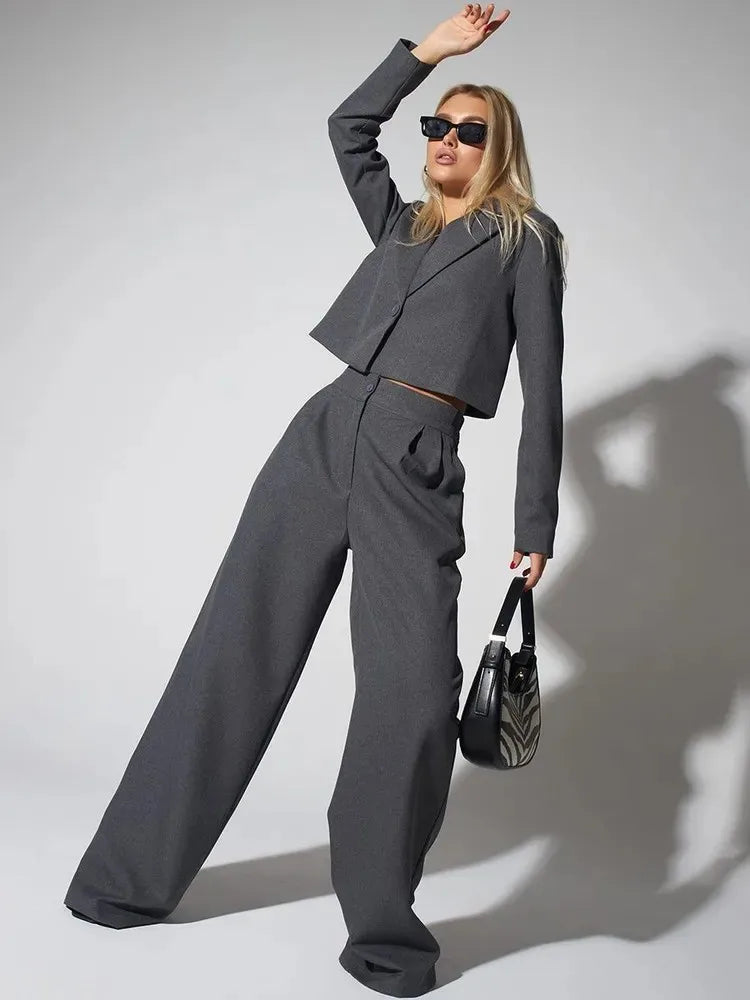 Casual Lapel Long Sleeve Short Blazer Jacket + High Waist Wide Leg Pants Two Piece Set