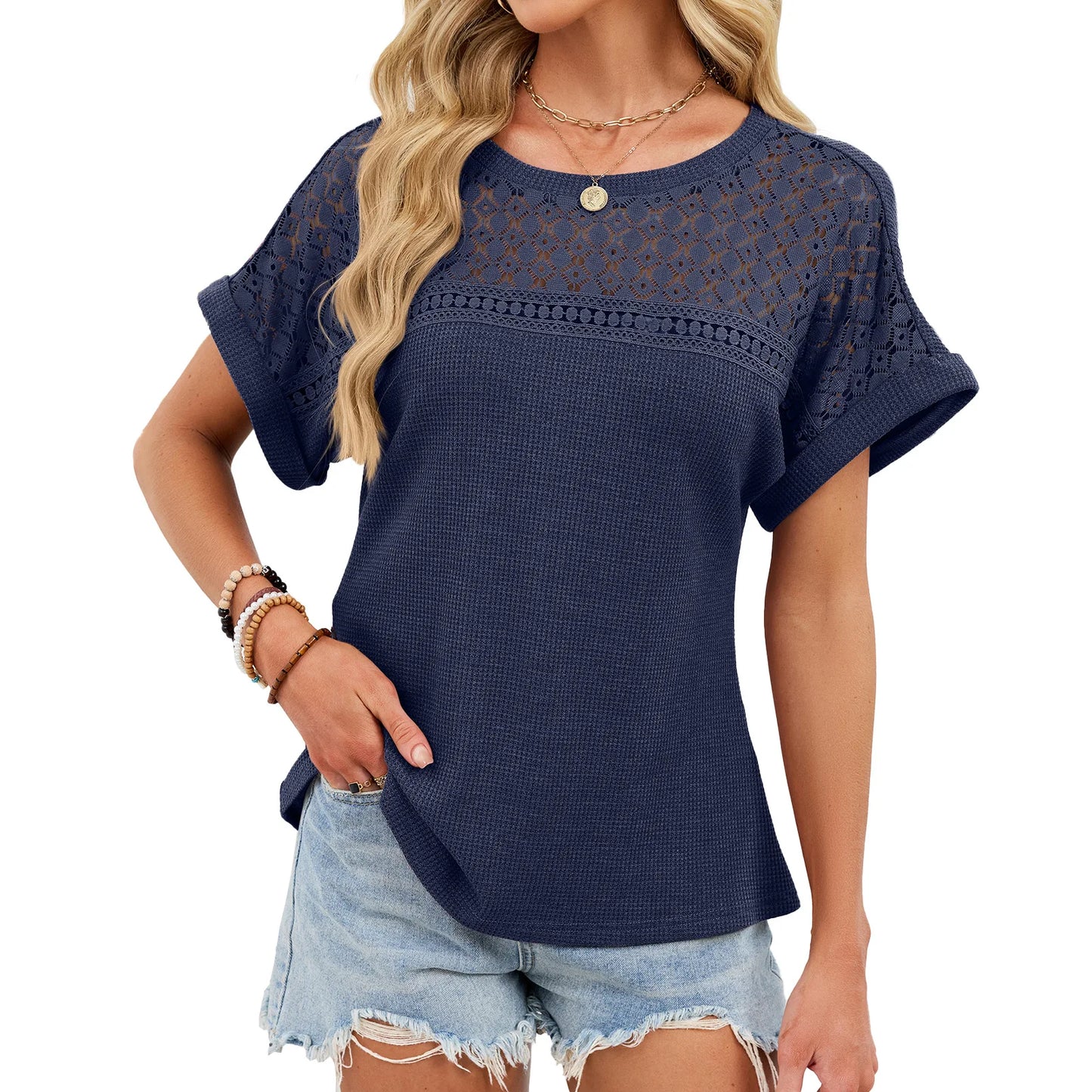 2026 Summer Elegant Lace Hollow Out Waffle Knit T Shirt Crew Neck Short Sleeve Summer Smart Casual Tops Office Lady