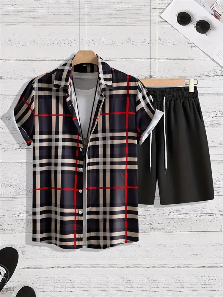 2024 Summer Men's Casual Commuter Suit Men's Striped Printed Shirt Short Sleeve Shorts 2-Piece Men's Hawaiian Beach Style Wear