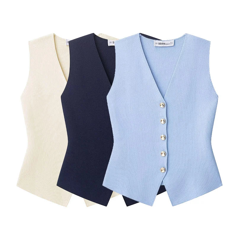 Willshela Women Fashion Solid Single Breasted Knitted Vest Tank Tops Vintage V-Neck Sleeveless Female Chic Lady Top