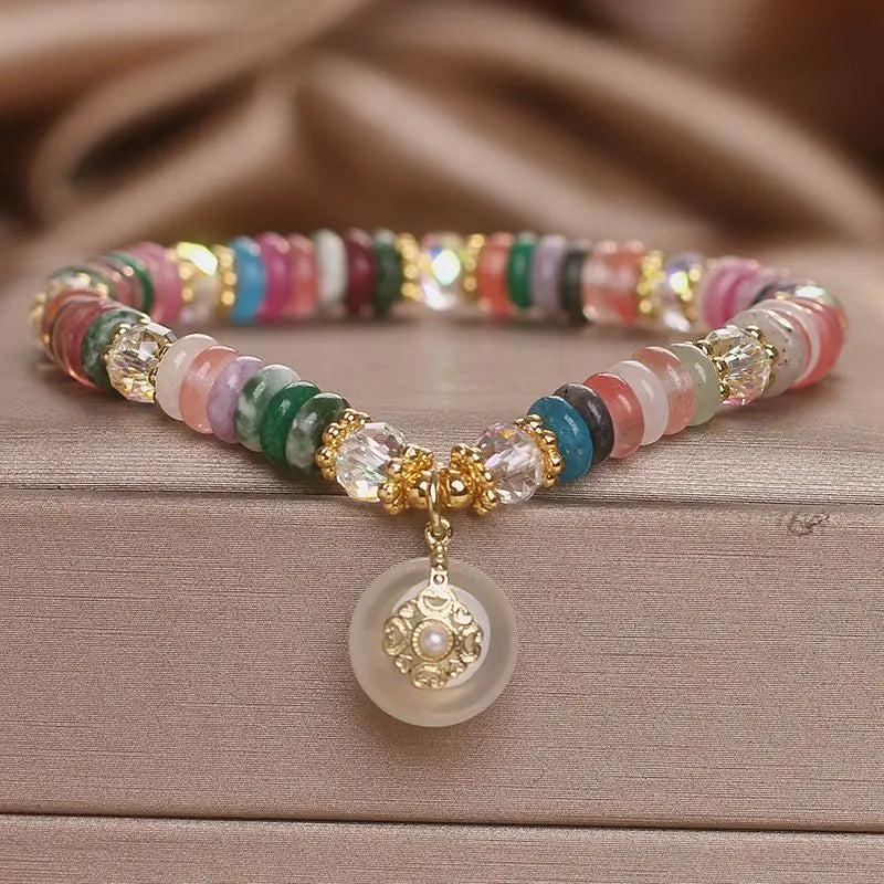 Natural Stone Color Beaded Crystal Bracelet Women's 2026 New Entry Luxury Niche High-end Sense Safe Buckle Pendant Hand String