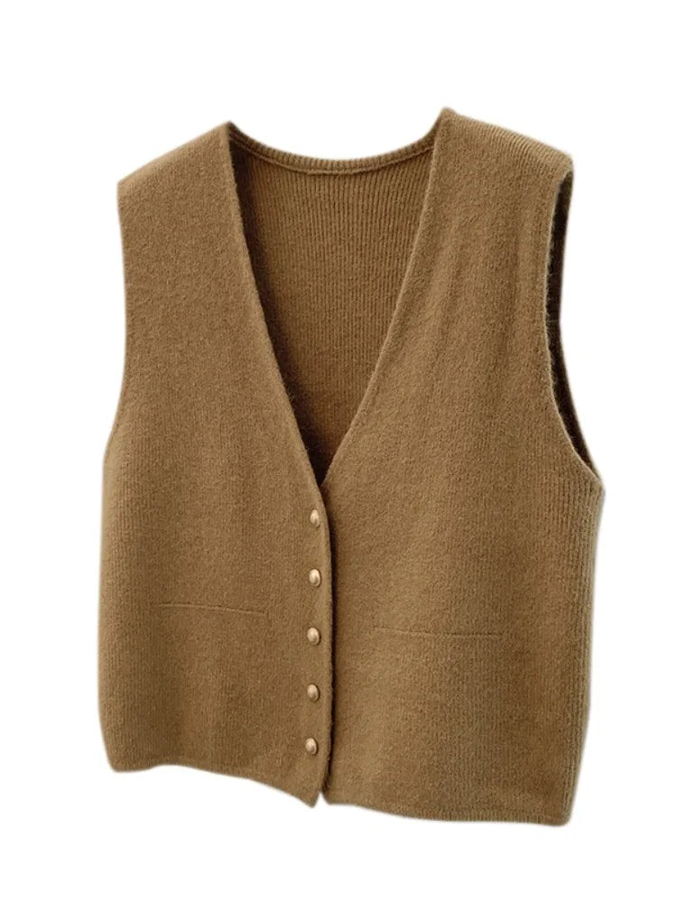 Fashionable Short Knitted V-Neck Vest Women's Autumn Winter Outerwear Sweater Cardigan Shoulder Pad Layering Vest