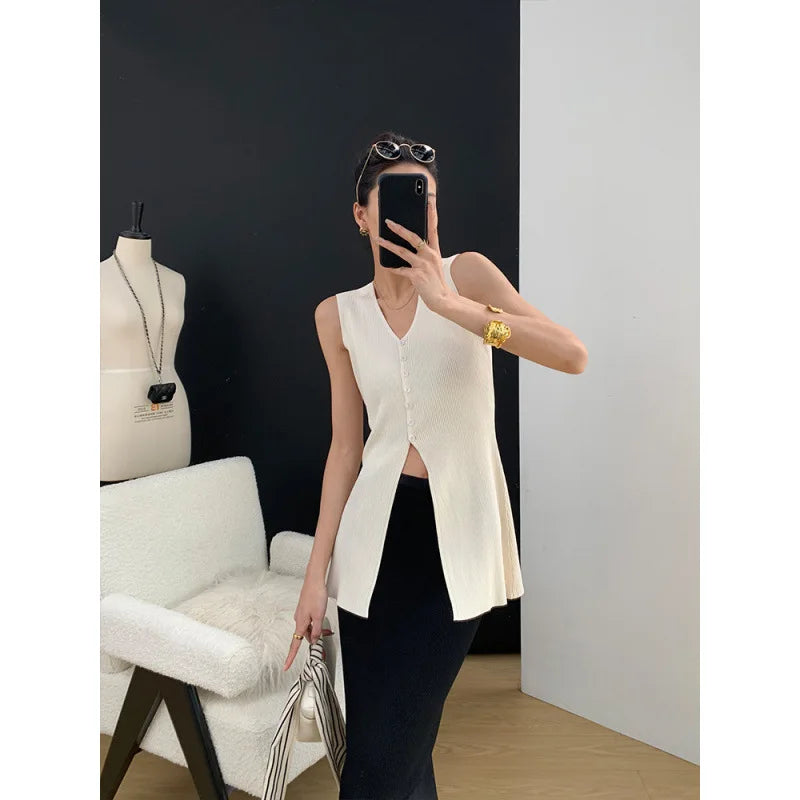 Elegant Women's Knitted Sleeveless V-Neck Cardigan Slimming Mid-Length Summer New Arrival White Pure Color Fashion Commute