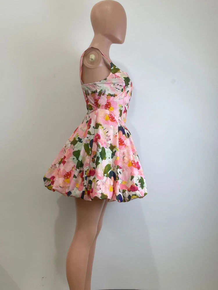 Beyprern Stylish U Neck Floral Bubble Hem Mini Dress Summer Sundress Chic Women's Sleeveless Flower Short Dress Vacation Outfits