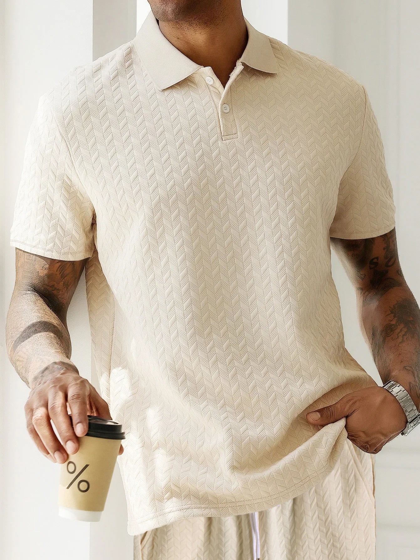 Men's Minimal Textured Set, Solid Color Jacquard Polo Shirt & Matching Shorts for Smart Casual Wear