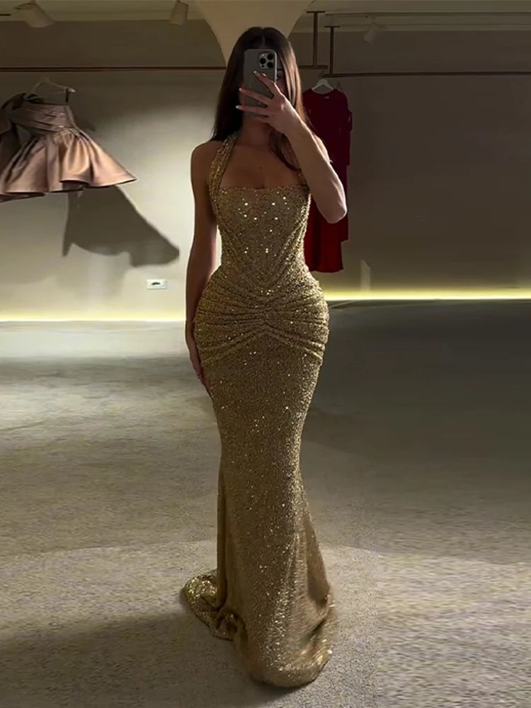 Sexy Sequin Halter Long Dress Women Slim Sleeveless Square Collar Solid Evening Robe Female 2026 Spring Summer Dresses