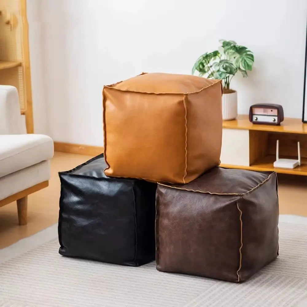 Nordic Style Non-Slip Storage Stool Large Capacity Waterproof PU Leather Ottoman Thicken Stackable Leather Pouf Living Room