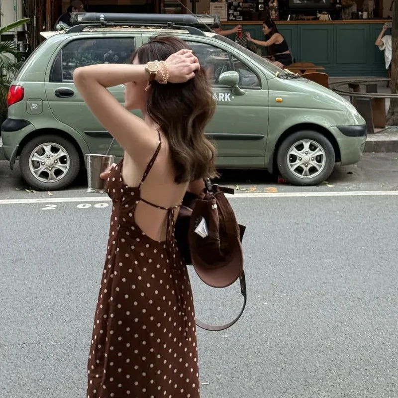 New Fashion Elegant Polka Dot V Neck Lace Patchwork Sleeveless Cami Backless Dress Summer Casual Commute Wear 2026