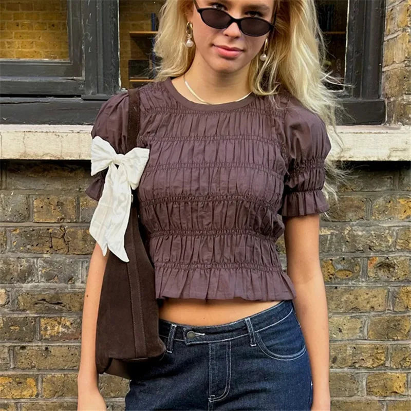 hirigin Women's Ruched Ruffle Hem Smocked Crop Tops Puff Short Sleeve Slim Fit Casual Summer Going Out Shirred Blouses