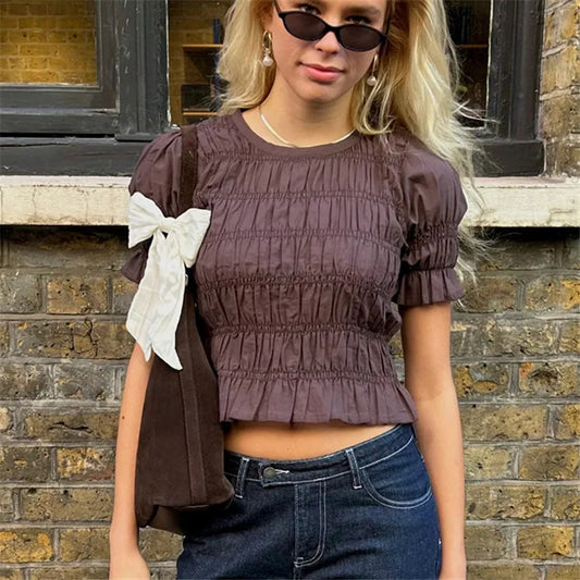 hirigin Women's Ruched Ruffle Hem Smocked Crop Tops Puff Short Sleeve Slim Fit Casual Summer Going Out Shirred Blouses