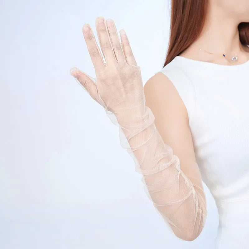 Women Transparent Thin Lace Elegant Tulle Long Gloves Mesh Gauze Sexy Wedding Party Summer Lace Ladies Prom Dress Gloves