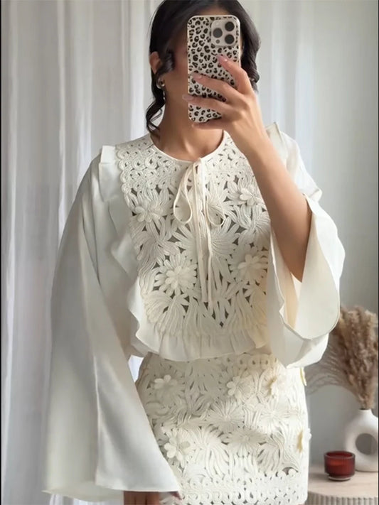 Floral Hollow Embroidery Mini Skirt Sets Women 2 Pieces Flare Sleeved Women