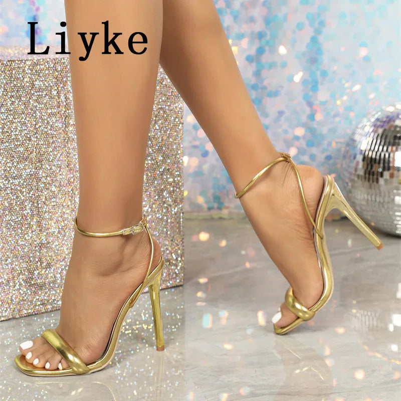 Liyke 2026 Summer Sexy Gold High Heels Gladiator Sandals Women Fashion Square Toe Ankle Buckle Strap Stiletto Party Dress Shoes